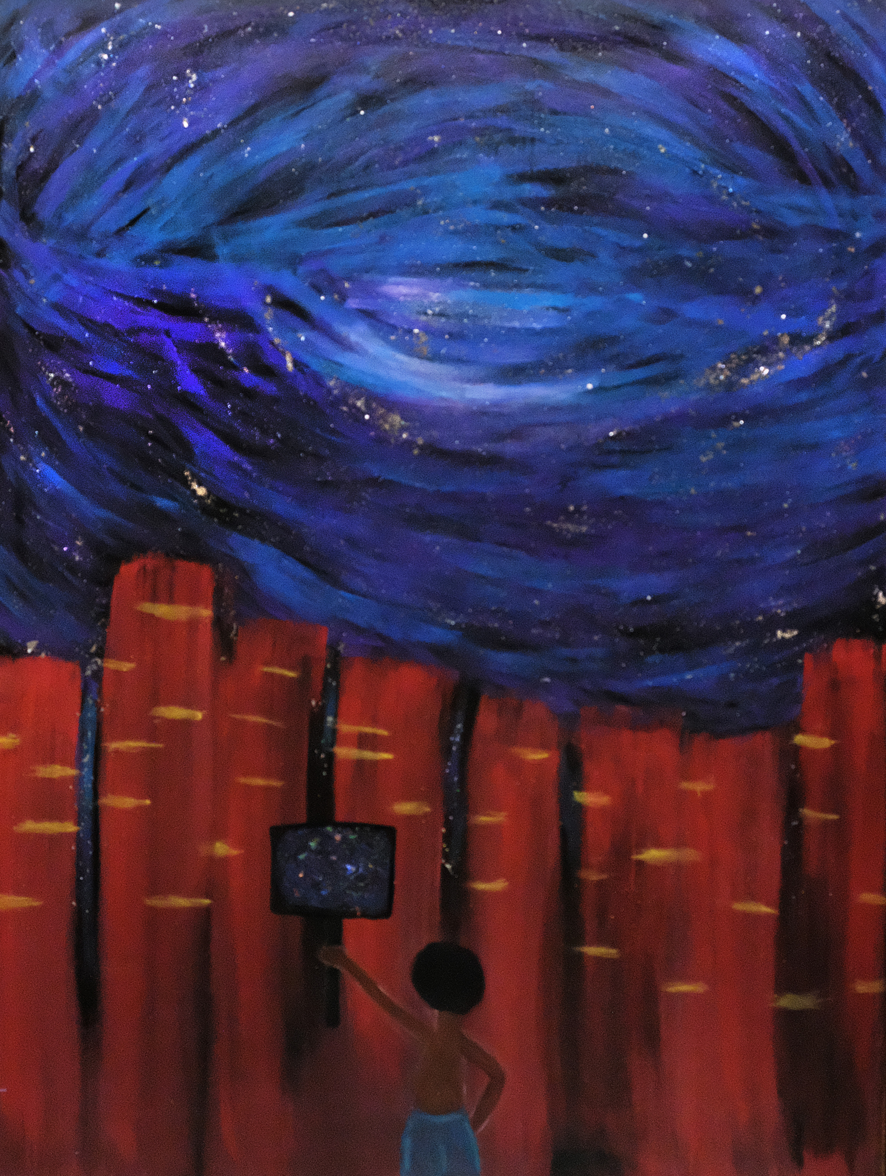A painting: a short person holds a protest sign as they stand in front of a fence. Above the fence is a starry night sky.