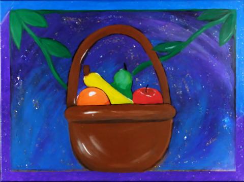 A painting of a brown basket of brightly colored fruits and vegetables.  Two plants reach from the corners toward the basket, and it all sits in front of a starry sky. 
