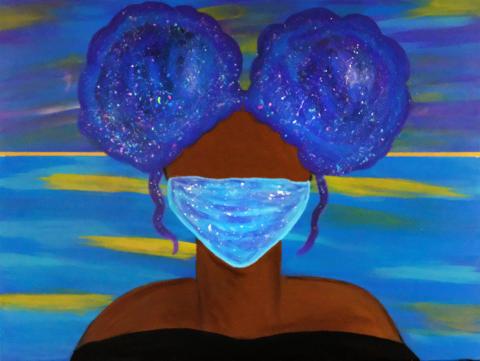 A painting of a Black person with blue afro puffs. They are wearing a blue mask over their nose and mouth, and their shoulders are exposed.